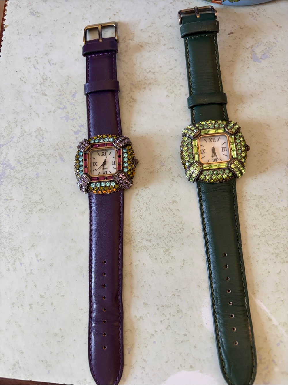 2 Genuine Leather Rhinestone Embellished LA Vintage Watches Green and Purple